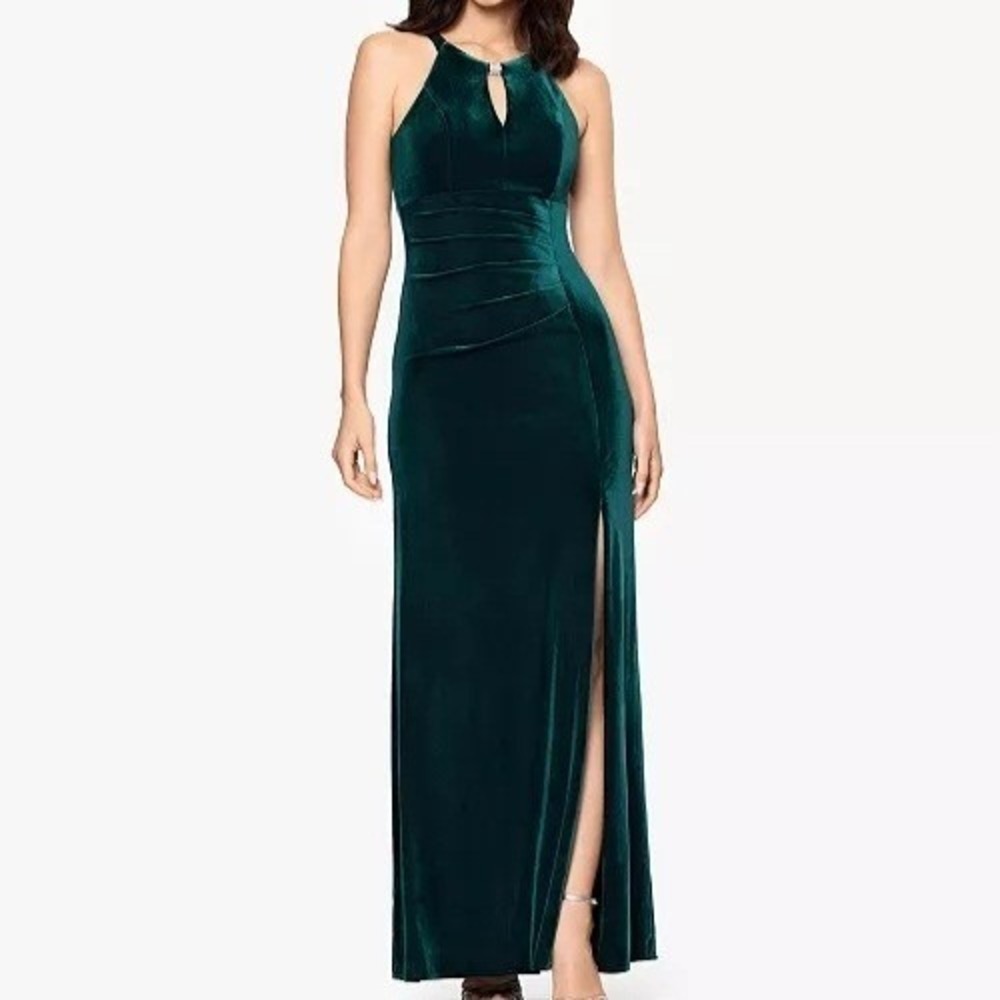 Betsy & Adam Ruched Velvet Halter Neck Hunter Green Slit Dress Women Size 8 NWT